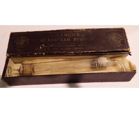 Boxed Lynches glass ear syringe. P&amp;P Group 1 (£14+VAT for the first lot and £1+VAT for subsequent lots) 