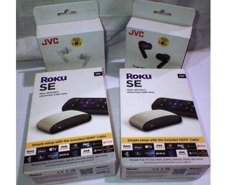 Two Roku SE HD, high definition streaming made easy consoles, new and boxed and two pairs of JVC true wireless earbuds new an