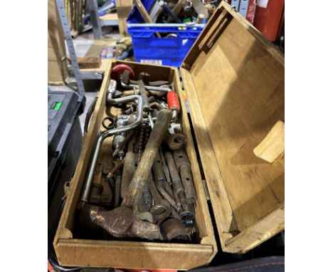 Wooden toolbox with vintage hand tools. Not available for in-house P&amp;P 