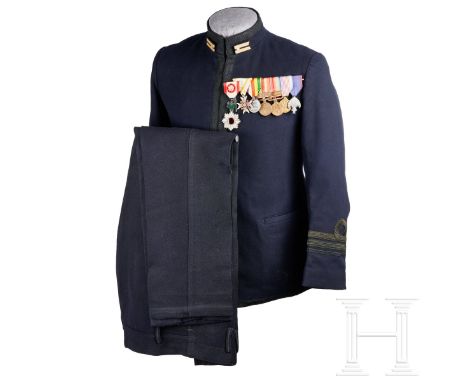 A Japanese Navy Officer Winter Tunic  Navy-blue, fine woven cloth, single breasted with banded collar, slit hip pockets. Fron