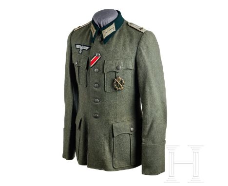 An Infantry Officer Tunic  Field-grey wool cloth, privately tailored, scalloped and pleated breast and hip pockets, six-butto