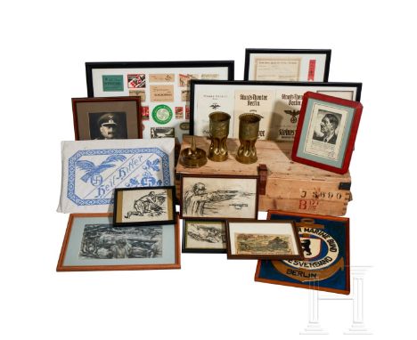 Framed Artwork, Photos and Trench Art  Large, wooden crate for Mannlicher 8 mm ammunition, lid hinged with leather straps, cl