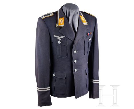 An NCO Tunic  Blue-grey tricot cloth, privately tailored, open collar, four-button front, four patch pockets with straight fl