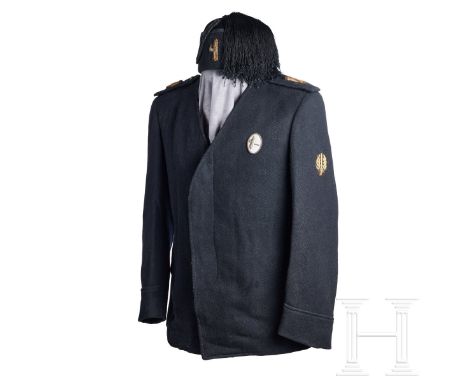 An Italian PNF Tunic and Fez  Black wool collar-less with three-hidden button front panel and simulated French cuffs. Black c