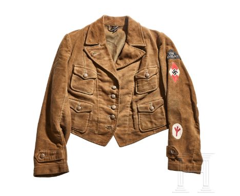 A BDM Kletterjacke  Light-brown suede, six-button front, buttons on left side, breast and waist pockets with scalloped flaps 