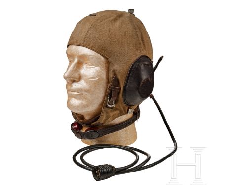 A “LKpS101" Summer Flight Helmet   Five panel, brown linen fabric, leather covered earphone mounts with a grooved lip to secu