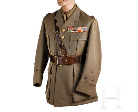 A French General Service Tunic  Khaki ribbed tricot cloth, open collar, four-button front, breast pockets with scallops and p