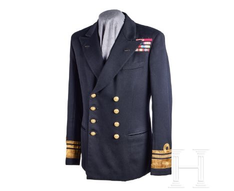A British Admiral Blue Tunic  Blue-black doeskin wool cloth, double-breasted, slit waist pockets, four pairs of gilt metal bu