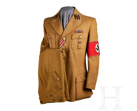 A Political Leader Uniform  Light-brown fine tricot wool, open collar piped in white, scalloped and pleated pockets breast po