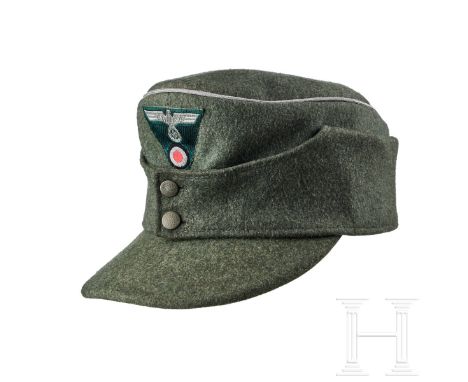 A Field Cap for Officers  Cap body in field-grey wool, piped in silver-aluminum mesh cord, turn-up ear/neck flap with two fie