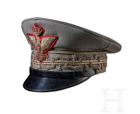 A Visor Cap for Italian Army General  Cap body in grey-green ribbed wool, grey-green ribbed centre band with silver-aluminum 