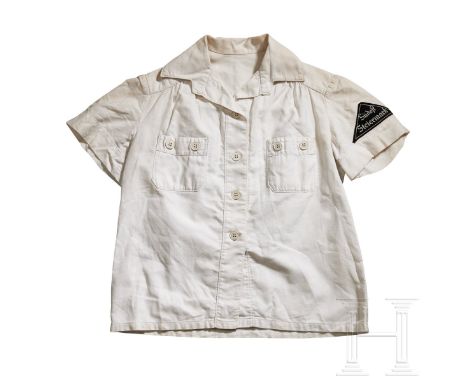 A JM White Summer Blouse  White poplin fabric, short sleeves, four-button front closure, open neck fall down collar, breast p