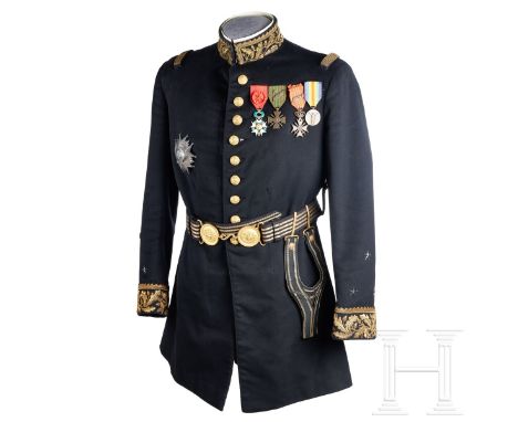A French General Dress Blue Tunic  Dark-blue-black cloth, banded collar with double hook & eye closure, nine-button front, si