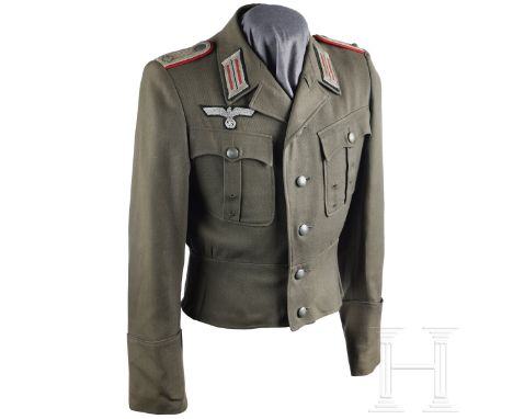 An Artillery Officer Tunic  Field-grey tricot cloth, privately tailored, M44-style open collar with short waistband, scallope