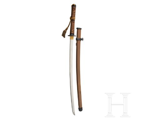 A Type 3 Late War Army Officer’s Sword  Machine made blade with etched straight temper. The handle is attached with two woode
