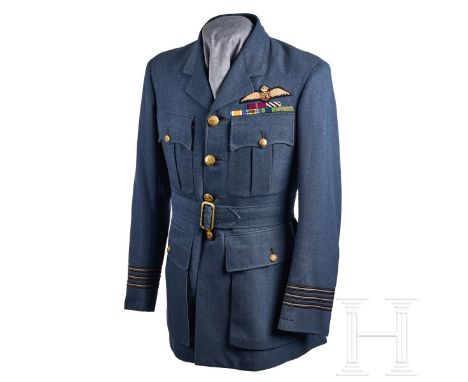 A British RAF Officer Service Tunic  Blue-grey gabardine cloth, open collar, four-button front, breast pockets with scallops 