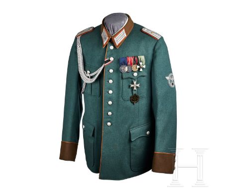 A Gendarmerie Officer Tunic  Police-green tricot wool, privately tailored, scalloped and pleated breast and hip pockets, eigh