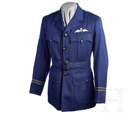 A Royal Australian Air Force Officer Service Tunic  Blue wool cloth, open collar, four-button front, breast pockets with scal