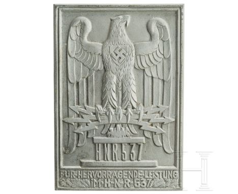 Plakette "Für Hervorragende Leistung" des Heeres-Nachrichten-Regiments 537  Rechteckige, halbhohle Feinzinkplakette mit dem r