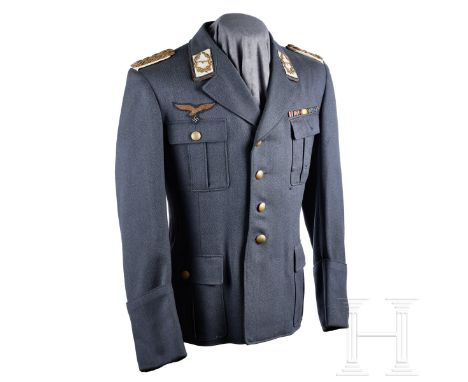 A Luftwaffe General Officer Tunic  Blue-grey fine gabardine cloth, privately tailored, open collar, four-button front, four p