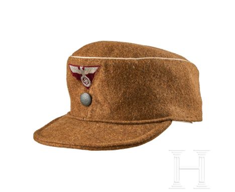 A Field Cap for SA Other Ranks  Cap body in brown wool, piped in white celleon twist cord, machine-woven silver-aluminum wire