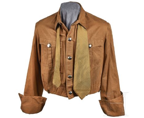 An SA Brownshirt  Light-brown twill cloth, five-button front, two patch pockets with scalloped flaps and pleats, turn-back cu