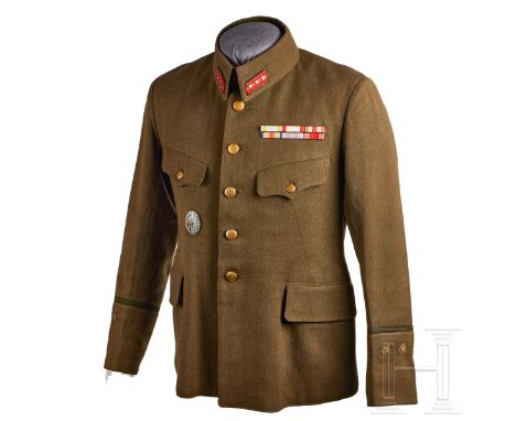 A Japanese Army Officer Service Tunic  Olive-drab, fine quality tricot wool, single-breasted, breast pockets with scalloped a