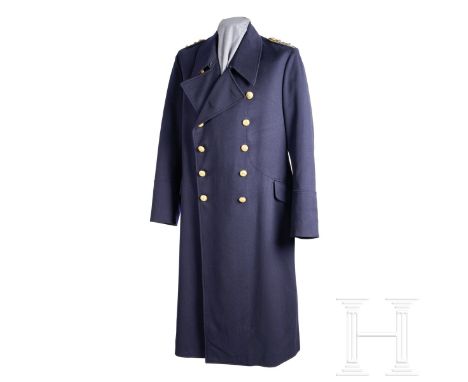 An Officer Great Coat   Dark-blue wool, double-breasted full-length coat, simulated French cuffs, six pairs of gold metal but
