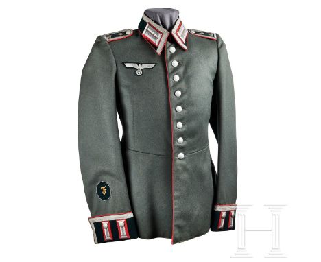 An Artillery NCO Waffenrock  Field-grey very fine tricot wool, privately tailored, eight-button front, bottle-green badge clo