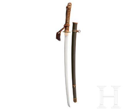 A Type 98 Army Officer’s Shin-Gunto  Machine-made blade with etched/cosmetic straight temper. Signed Takehisa dated Showa 18 