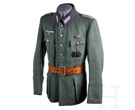 A Sonderführer Tunic  Field-grey tricot wool, privately tailored, scalloped and pleated breast and hip pockets, six-button fr