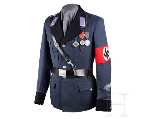 A Reichsluftschutz Tunic  Blue-grey fine tricot wool, privately tailored with open collar, pleated breast pockets with scallo