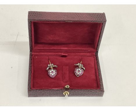 Pair of vintage style ruby and diamond “heart and bow” earrings, boxed. Rubies 0.30ct approx