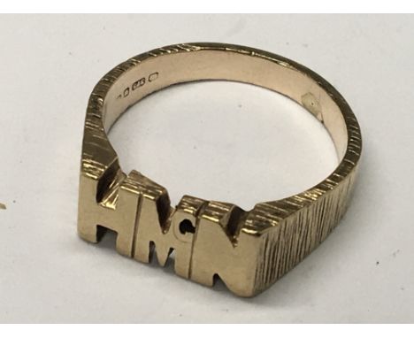 A 9carat gold initials HMN ring weight 6g