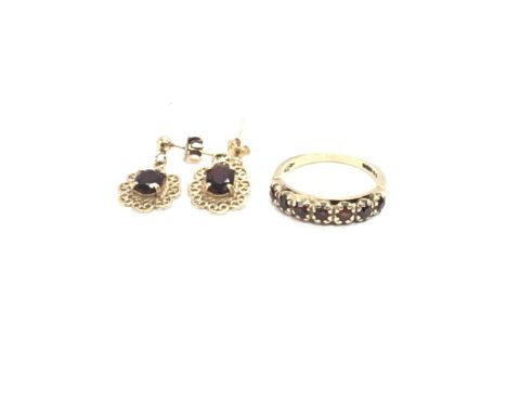 9ct Garnet ring and earrings.