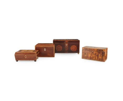 FOUR GEORGIAN TEA CADDIES AND BOXES 18TH/ EARLY 19TH CENTURY to include a large mahogany caddy with shell and flower head inl