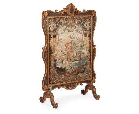 CONTINENTAL CARVED PARCEL-GILT, TOLE, AND NEEDLEWORK FIRESCREEN 18TH CENTURY the rectangular needlework panel with a central 
