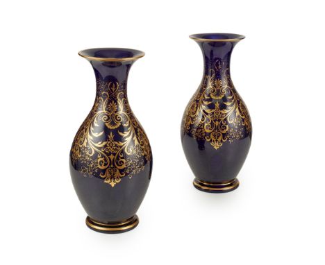 PAIR OF KERR &amp; BINNS WORCESTER COBALT AND GILT VASES 19TH CENTURY of baluster shape with gilt foliate scroll decoration, 