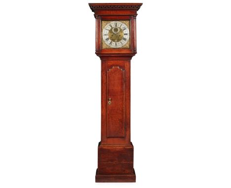 GEORGIAN OAK LONGCASE CLOCK, JOHN BOWN, PORTSEA 18TH CENTURY the signed brass dial with a silvered Roman numeral chapter, dat