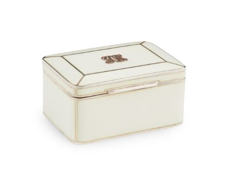FRENCH ENAMELLED AND SILVER BOX EARLY 20TH CENTURY with cream guilloche enamel sides in a silver frame, the hinged top with g