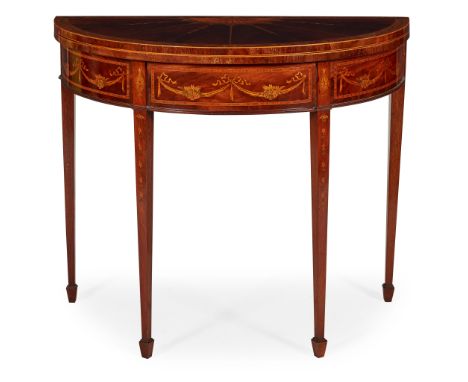 LATE GEORGE III MAHOGANY INLAID DEMILUNE CARD TABLE LATE 18TH CENTURY, THE MARQUETRY LATER the fold-over top with fan and har