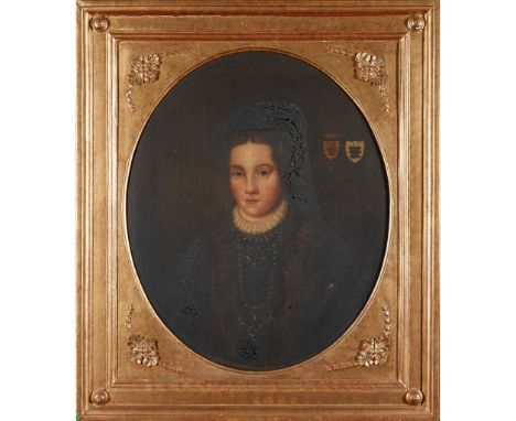 19TH CENTURY BRITISH SCHOOL HALF LENGTH PORTRAIT OF CATHERINE, DUCHESS OF SUFFOLK inscribed on a label verso dated 1889, oval