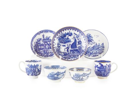 GROUP OF WORCESTER BLUE AND WHITE TEA WARES LATE 18TH CENTURY to include a bright blue 'Classical Ruins' coffee cup and sauce