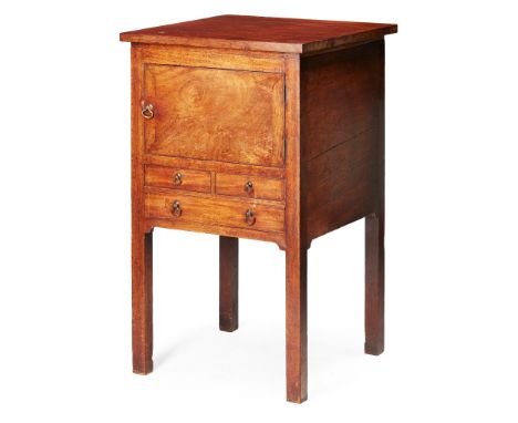 GEORGE III MAHOGANY BEDSIDE COMMODE 18TH CENTURY the square top above a cupboard door and three drawers, raised on straight l