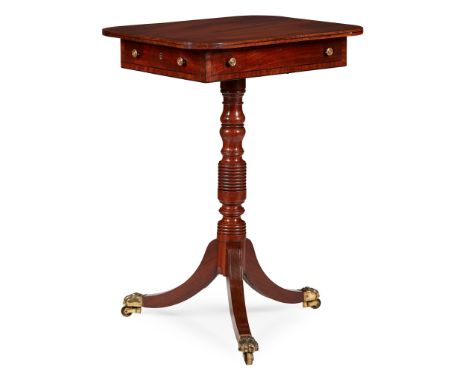 LATE GEORGE III MAHOGANY TRIPOD LAMP TABLE LATE 18TH CENTURY the rectangular crossbanded top with a drawer to one side and du