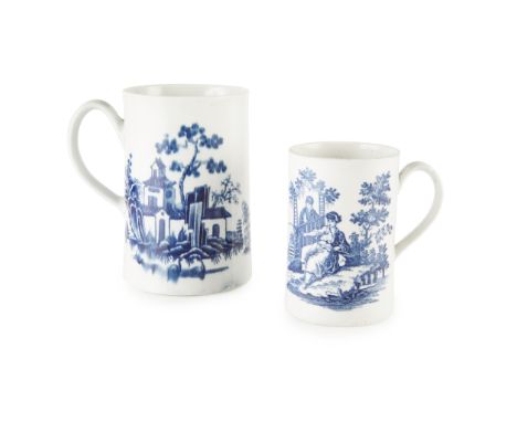 TWO WORCESTER PORCELAIN BLUE AND WHITE TANKARDS 18TH CENTURY to include a large 'Plantation' pattern example and a smaller 'L