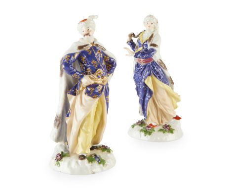 MEISSEN PORCELAIN FIGURES OF A TURK AND COMPANION, AFTER THE MODELS BY J.J. KAENDLER LATE 19TH/ modelled as a man wearing a t