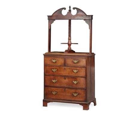 GEORGE II OAK AND FRUITWOOD LINEN PRESS MID 18TH CENTURY the superstructure with a swan neck pediment and turn-screw mechanis