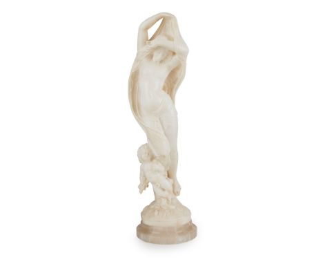 ITALIAN ALABASTER FIGURE OF EOS LATE 19TH CENTURY the nude figure holding a cloak above her head, accompanied by a putto at h