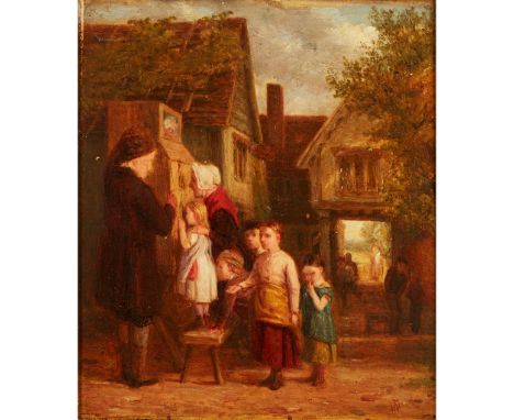 THOMAS WEBSTER R.A (BRITISH 1800-1886) THE PEEP SHOW signed with monogram, oil on panel, label verso "First sketch for Peep S